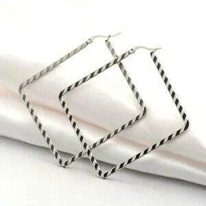 Surgical Stainless Steel Crimped Rhombus 68x68mm Silver Hoop Earrings